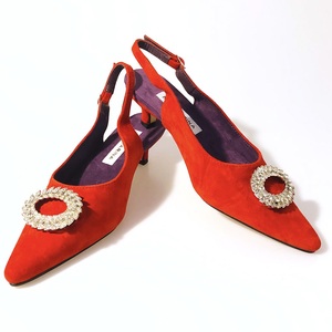 red suede kitten heel slingback shoes